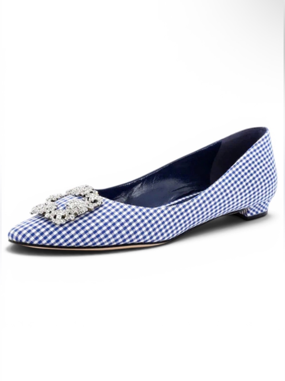 Manolo Blahnik Blue Gingham Pointed Toe Hangisi Crystal Flat Size 37.5